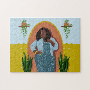 Curvy, Black Woman, Houseplant, Yellow & Blue Legpuzzel