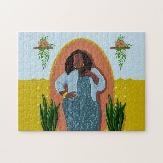 Curvy, Black Woman, Houseplant, Yellow & Blue Legpuzzel (Horizontaal)