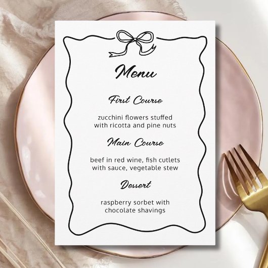 Curvy Bow Minimalist Wedding Bridal Shower Party Menu