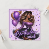 Curvy Glam Afro-Amerikaanse Vrouw Paarse Verjaarda Kaart (Voorkant / Achterkant in situ)