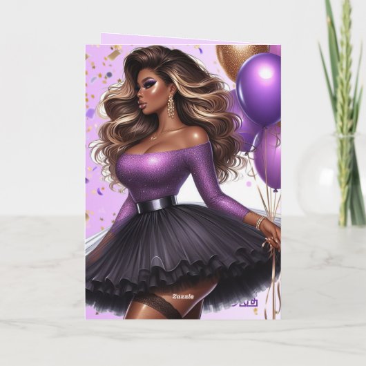 Curvy Glam Afro-Amerikaanse Vrouw Paarse Verjaarda Kaart (Achterkant)