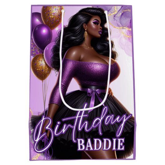 Curvy Glam Afro-Amerikaanse Vrouw Paarse Verjaarda Medium Cadeauzakje (Achterkant)