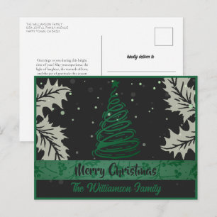 Curvy Lines Kerstboom Holly Leaf Groen Zwart Feestdagenkaart
