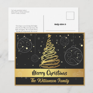 Curvy Lines Kerstboom Ornamenten Goud Zwart Feestdagenkaart
