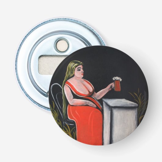 Curvy Vrouw met een Mok Beer Button Flesopener (Voorkant)