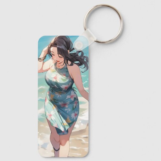Curvy vrouw op het strand sleutelhanger (Achterkant)