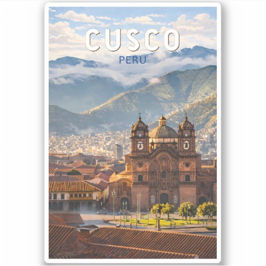 Cusco Peru Illustratie Reis Kunst Vintage Sticker (Voorkant)