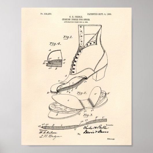 Cushion Insole Shoes 1906 Patent Art Old Peper Poster (Voorkant)