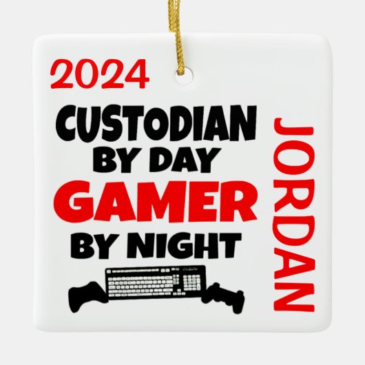 Custodian speelt graag videogames keramisch ornament (Voorkant)