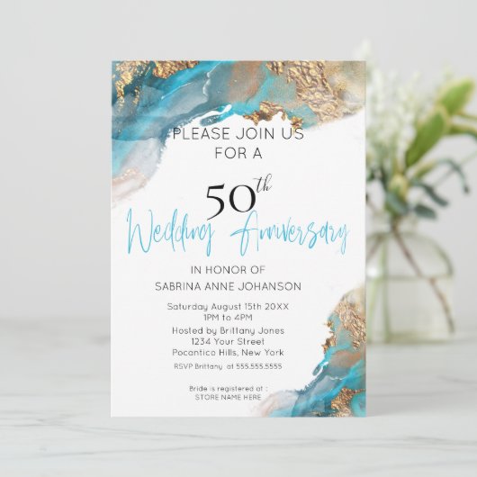 Custom2 50th W Jubileum Blauwgroen en Goud Abstrac Kaart (Staand voorkant)