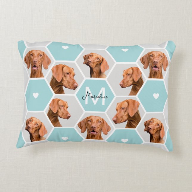 Custom 10 Pet Hond Fotocollage Monogram Blauw Grij Accent Kussen (Achterkant)