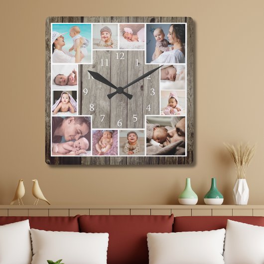 Custom 12 Family Photo Collage Rustic Wood   Vierkante Klok
