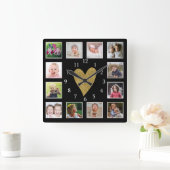 Custom 12 Foto van Collage Black And Gold Heart Vierkante Klok (Huis)
