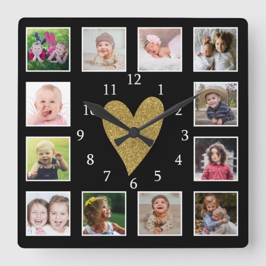 Custom 12 Foto van Collage Black And Gold Heart Vierkante Klok (Voorkant)