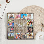 Custom 12 Photo Collage Family Love Reclaimed Wood Vierkante Klok<br><div class="desc">Create your own personalized 12 photo collage wall clock with your custom images on a rustic farmhouse style wooden plank background. The clock face also features your family name, established year and a "Love" handwritten script. Add your favorite photos, designs or artworks to create something really unique. To edit this...</div>