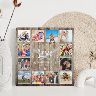 Custom 12 Photo Collage Family Love Reclaimed Wood Vierkante Klok