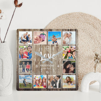 Custom 12 Photo Collage Family Love Reclaimed Wood Vierkante Klok