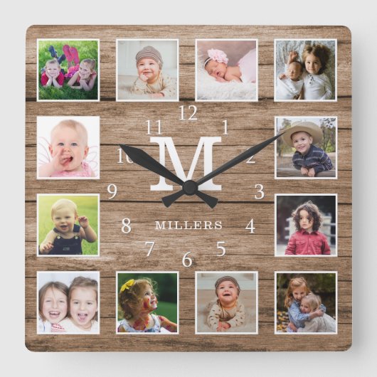 Custom 12 Photo Collage Family Name Monogram Wood Vierkante Klok (Voorkant)