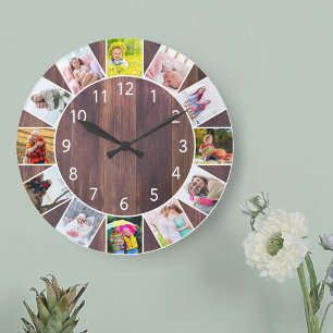 Custom 12 Photo Collage Warm Wood Round Grote Klok