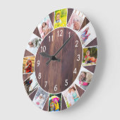 Custom 12 Photo Collage Warm Wood Round Grote Klok (Hoek)
