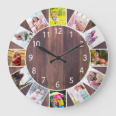 Custom 12 Photo Collage Warm Wood Round Grote Klok (Voorkant)