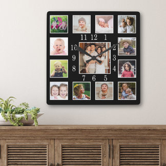 Custom 13 Family Photo Collage Keepsake Black Vierkante Klok