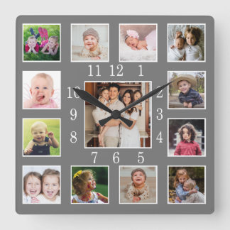 Custom 13 Family Photo Collage Keepsake Gray Vierkante Klok