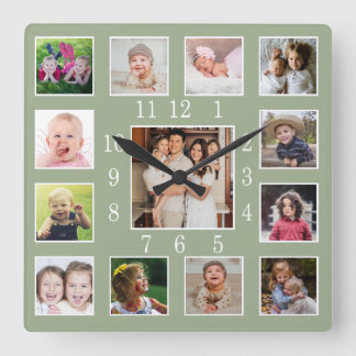 Custom 13 Family Photo Collage Keepsake Sage Green Vierkante Klok