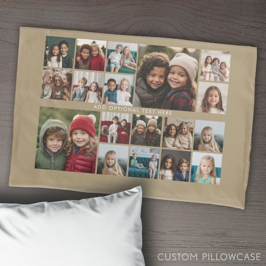 Custom 18 Photo Collage - beige - witte tekst Kussensloop