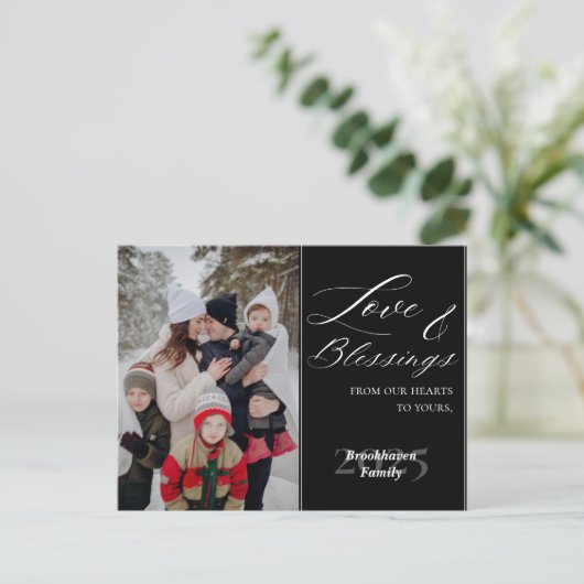 Custom 1 Photo Luxurious Script Family Name Year Feestdagenkaart (Staand voorkant)