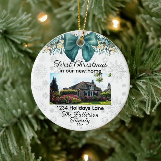 Custom 1st Xmas New Home Photos Street Adres Keramisch Ornament (Boom)
