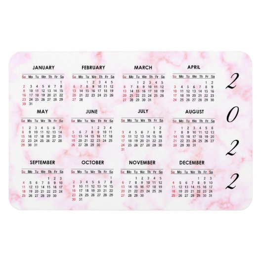 Custom 2022 Roze marmer Calendar Magnet Magneet (Horizontaal)