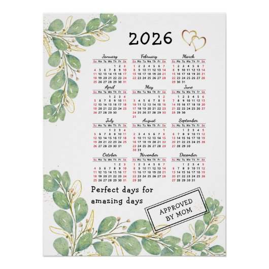 Custom 2026 Calendar with Elegant Eucalyptus Perfect Poster (Voorkant)