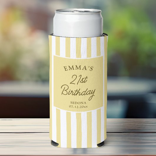 Custom 21st Birthday Cute Yellow Striped Party Seltzer Blikjeskoeler