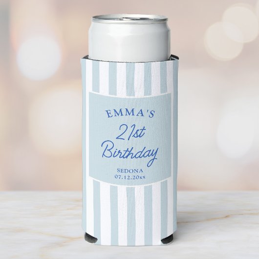 Custom 21st Birthday Preppy Blue Striped Party Seltzer Blikjeskoeler