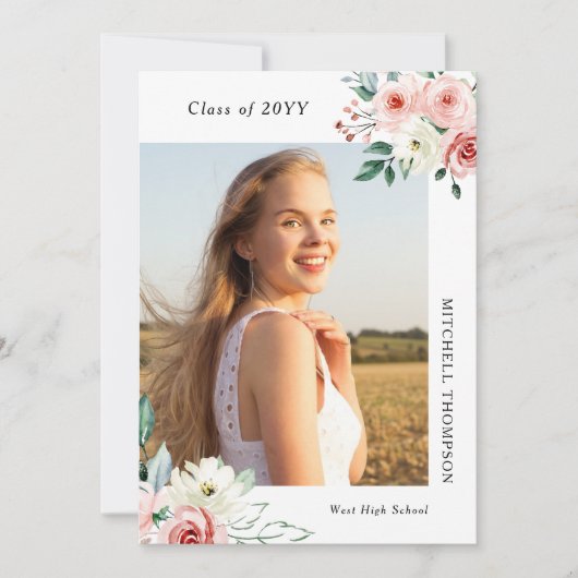 Custom 2 foto Blush Bloemen Afstuderen Uitnodiging (Voorkant)