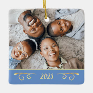 Custom 2 foto familie foto medium blauw goud keramisch ornament