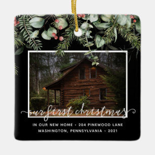 Custom 2 Photo First Xmas New Home Winter Greenery Keramisch Ornament