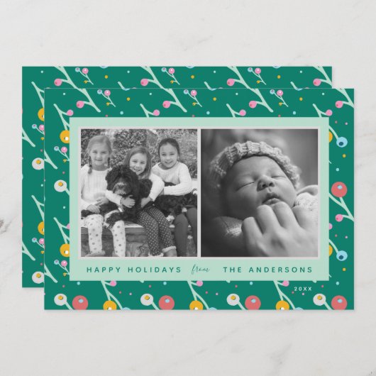 Custom 2-Photo Prettige feestdagen Modern Berries  Feestdagenkaart (Voorkant / Achterkant)