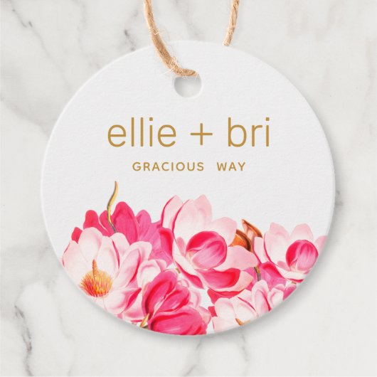 Custom 2" Ronde Roze Magnolia Bloemen Hang Label (Voorkant)