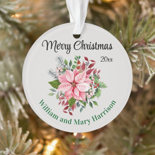 Custom, 2-Sides Pink Poinsettia Bouquet Acrylic Ornament (Boom)