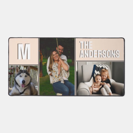 Custom 3 foto collage monogram roze bureaumat (Voorkant)