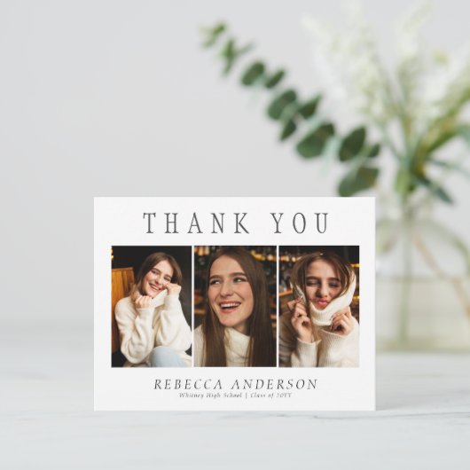Custom 3 foto minimalistisch Afstuderen dank u Briefkaart (Staand voorkant)