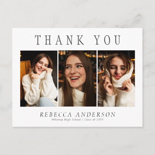 Custom 3 foto minimalistisch Afstuderen dank u Briefkaart (Voorkant)