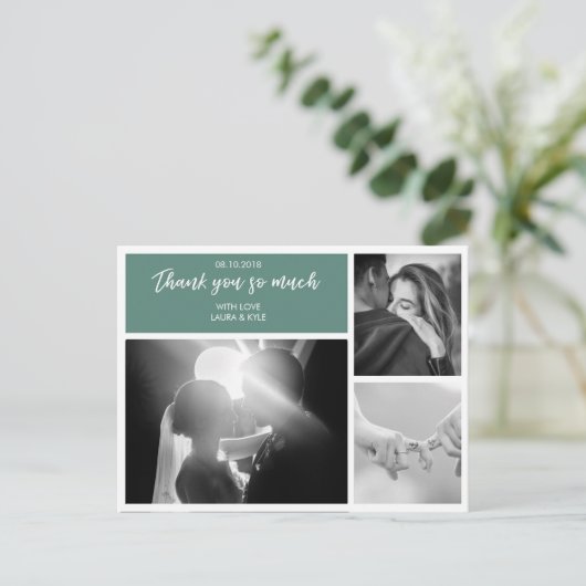 Custom 3 Photo Collage Emerald Wedding Dank u Briefkaart (Staand voorkant)