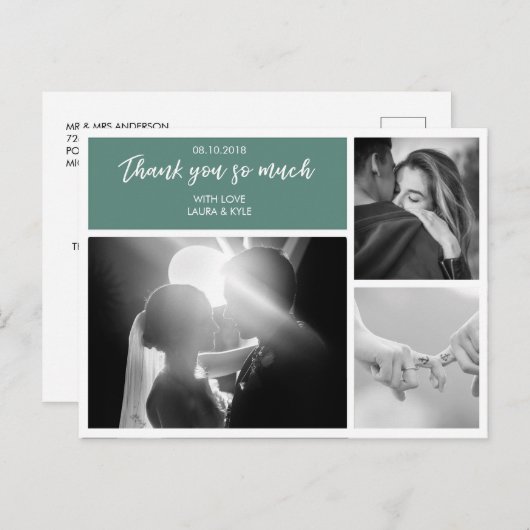 Custom 3 Photo Collage Emerald Wedding Dank u Briefkaart (Voorkant / Achterkant)