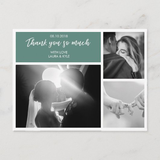 Custom 3 Photo Collage Emerald Wedding Dank u Briefkaart (Voorkant)