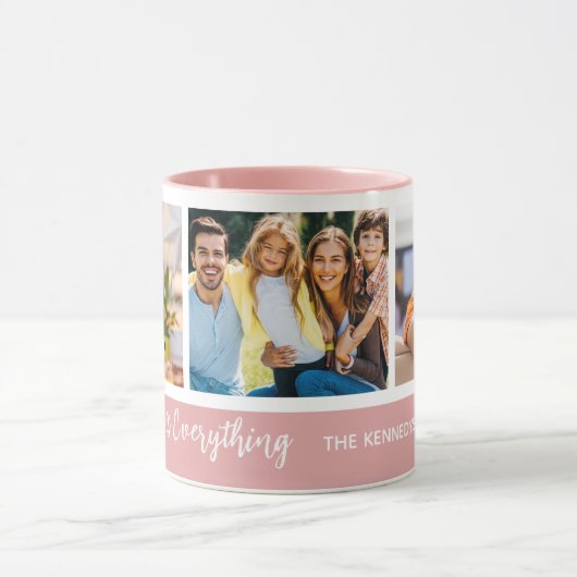 Custom 3 Photo Collage Familienaam Quote Roze Mok (Midden)