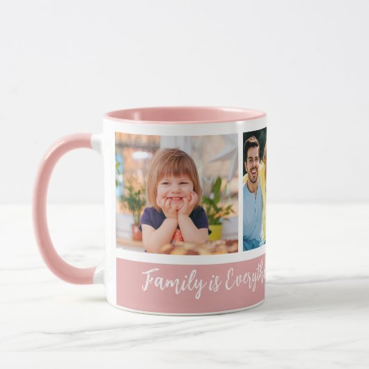 Custom 3 Photo Collage Familienaam Quote Roze Mok (Links)