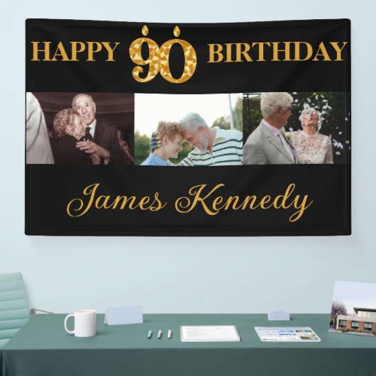 Custom 3 Photo Collage Happy 90th Birthday Party Spandoek (Beurs)
